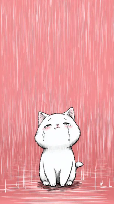 Cute cartoon kitten, crying with tears on its face, on a rain background. Korean webtoon illustration