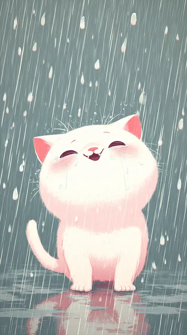 Cute cartoon kitten, crying with tears on its face, on a rain background. Korean webtoon illustration