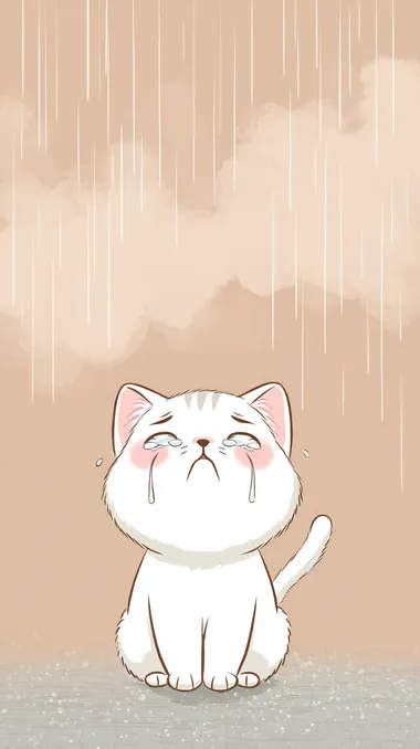 Cute cartoon kitten, crying with tears on its face, on a rain background. Korean webtoon illustration