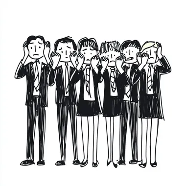 A simple cartoon doodle of group of mature business people in suits covering their ears. The style is a minimalistic cartoon drawing with thick black lines. Black ink on white   rofile vht1son
