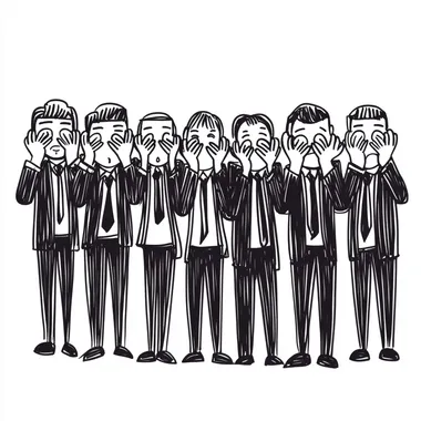 A simple cartoon doodle of group of mature business people in suits covering their ears. The style is a minimalistic cartoon drawing with thick black lines. Black ink on white   rofile vht1son