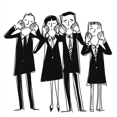 A simple cartoon doodle of group of mature business people in suits covering their ears. The style is a minimalistic cartoon drawing with thick black lines. Black ink on white   rofile vht1son