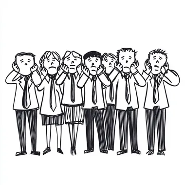 A simple cartoon doodle of group of mature business people in suits covering their ears. The style is a minimalistic cartoon drawing with thick black lines. Black ink on white   rofile vht1son