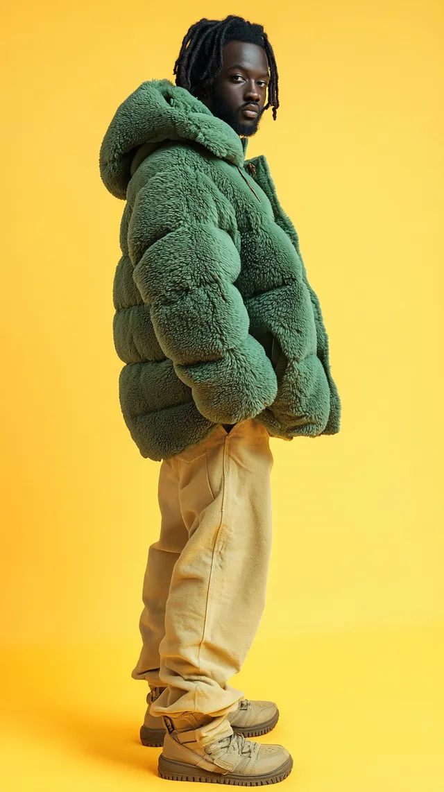 Man in Green Fluffy Puffer Jacket, Streetwear Style, Urban Studio