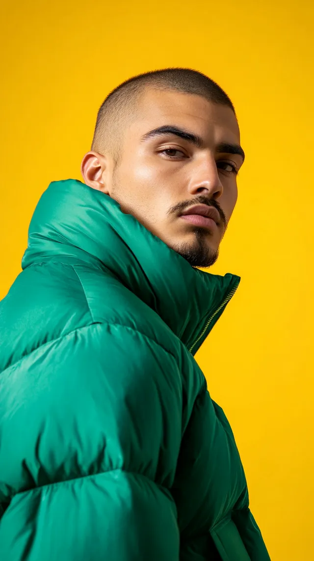 Man in Green Puffy Coat: Streetwear Fashion Portrait in Studio