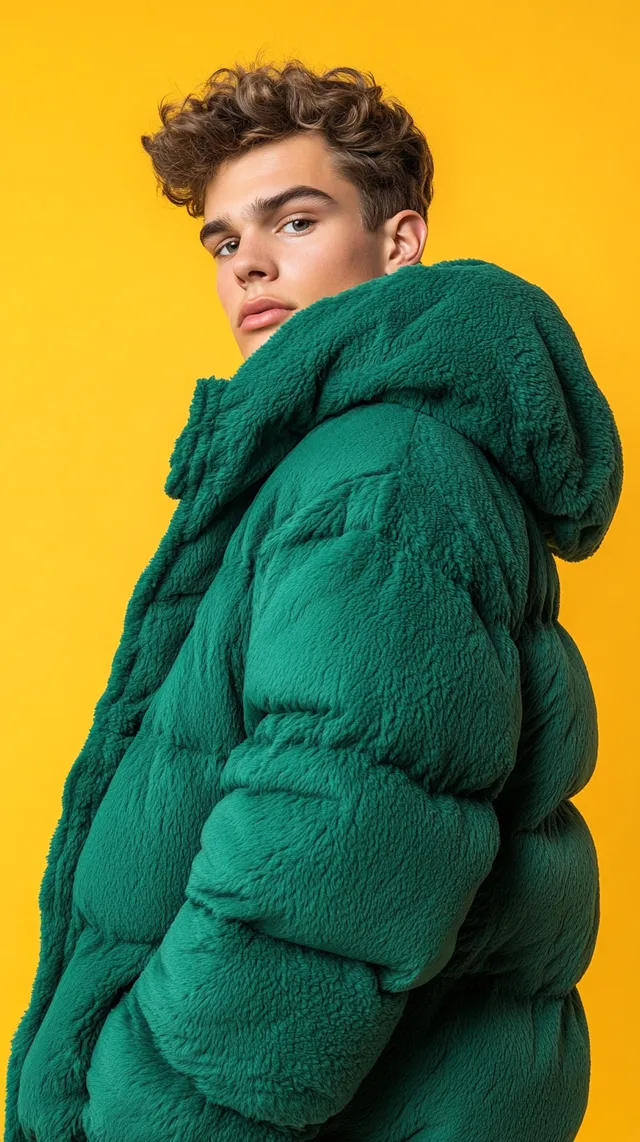 Young man in fluffy green puffer jacket, streetwear style, side pose