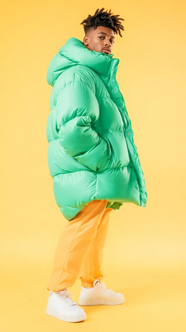 Man in Green Puffer Jacket and Yellow Pants Streetwear Photoshoot PNG