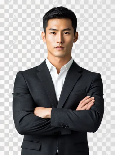 A hyper-realistic profile photo of a Korean male teacher in his mid 20s, wearing a dark navy or charcoal gray business suit and white shirt, no tie. He has short neatly styled black hair, no makeup, and a natural, confident expression. He is standing upright with his arms crossed, looking directly at the camera. Captured in front of a plain white background, upper body portrait. Realistic facial proportions and natural eye size, with realistic skin texture including visible pores and slight imperfections. The photo is unretouched, without any beauty filter. Studio lighting, Canon EOS R5, 85mm lens, shallow depth of field. Ultra high detail, professional photography quality