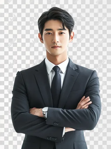 A hyper-realistic profile photo of a Korean male teacher in his mid 20s, wearing a dark navy or charcoal gray business suit and white shirt, no tie. He has short neatly styled black hair, no makeup, and a natural, confident expression. He is standing upright with his arms crossed, looking directly at the camera. Captured in front of a plain white background, upper body portrait. Realistic facial proportions and natural eye size, with realistic skin texture including visible pores and slight imperfections. The photo is unretouched, without any beauty filter. Studio lighting, Canon EOS R5, 85mm lens, shallow depth of field. Ultra high detail, professional photography quality