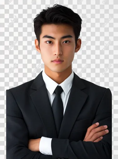 A hyper-realistic profile photo of a Korean male teacher in his mid 20s, wearing a dark navy or charcoal gray business suit and white shirt, no tie. He has short neatly styled black hair, no makeup, and a natural, confident expression. He is standing upright with his arms crossed, looking directly at the camera. Captured in front of a plain white background, upper body portrait. Realistic facial proportions and natural eye size, with realistic skin texture including visible pores and slight imperfections. The photo is unretouched, without any beauty filter. Studio lighting, Canon EOS R5, 85mm lens, shallow depth of field. Ultra high detail, professional photography quality