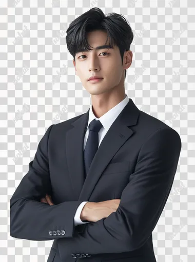 A hyper-realistic profile photo of a Korean male teacher in his mid 20s, wearing a dark navy or charcoal gray business suit and white shirt, no tie. He has short neatly styled black hair, no makeup, and a natural, confident expression. He is standing upright with his arms crossed, looking directly at the camera. Captured in front of a plain white background, upper body portrait. Realistic facial proportions and natural eye size, with realistic skin texture including visible pores and slight imperfections. The photo is unretouched, without any beauty filter. Studio lighting, Canon EOS R5, 85mm lens, shallow depth of field. Ultra high detail, professional photography quality