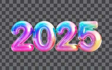Bold 3D bubble numbers "2025", futuristic vibrant colors, rounded glossy surfaces, isolated against a pure white background, wide-angle lens, soft natural shadows, ultra-realistic style