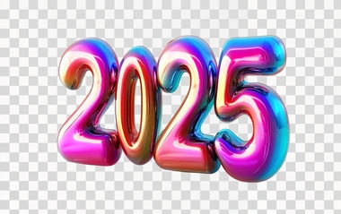Bold 3D bubble numbers "2025", futuristic vibrant colors, rounded glossy surfaces, isolated against a pure white background, wide-angle lens, soft natural shadows, ultra-realistic style