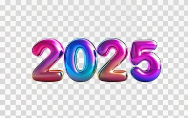 Bold 3D bubble numbers "2025", futuristic vibrant colors, rounded glossy surfaces, isolated against a pure white background, wide-angle lens, soft natural shadows, ultra-realistic style