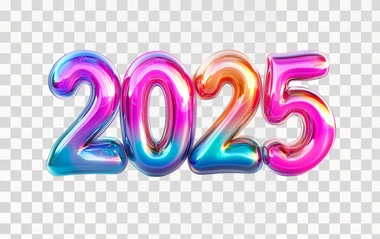 Bold 3D bubble numbers "2025", futuristic vibrant colors, rounded glossy surfaces, isolated against a pure white background, wide-angle lens, soft natural shadows, ultra-realistic style
