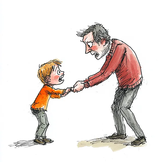 Whimsical Ink Illustration of a Parent Playfully Punishing a Child