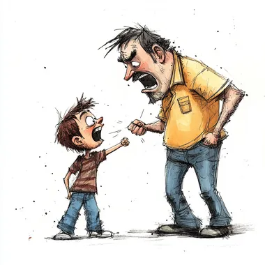 parent punishing a child, drawn in ink, coloured, exaggerated features cartoon like, on white background