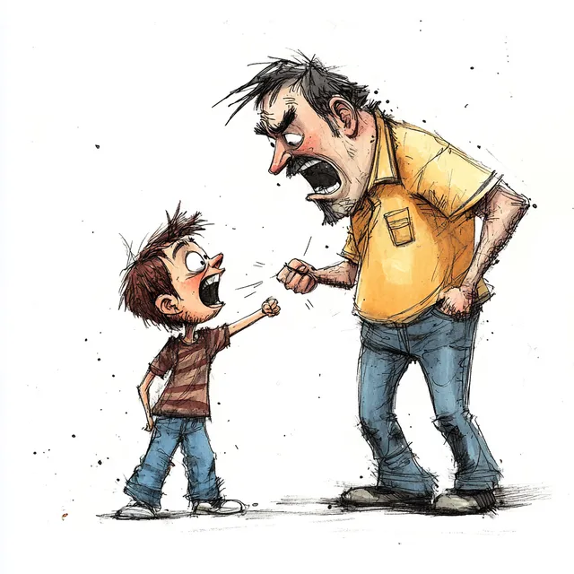 Whimsical Ink Cartoon: A Parent's Playful Punishment of a Child