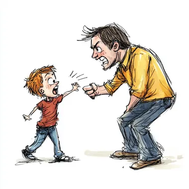 parent punishing a child, drawn in ink, coloured, exaggerated features cartoon like, on white background