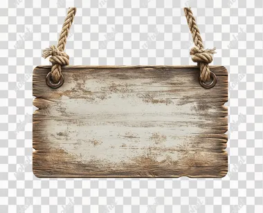 a blank wooden sign measuring 60cm wide and 55cm high, hung by weathered rope, isolated on a white background