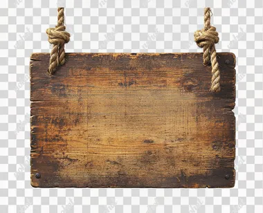 a blank wooden sign measuring 60cm wide and 55cm high, hung by weathered rope, isolated on a white background