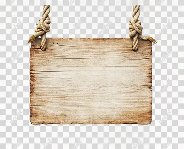 a blank wooden sign measuring 60cm wide and 55cm high, hung by weathered rope, isolated on a white background