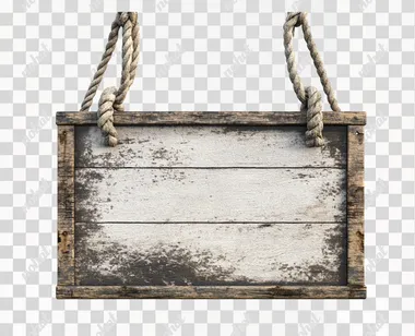 a blank wooden sign measuring 60cm wide and 55cm high, hung by weathered rope, isolated on a white background