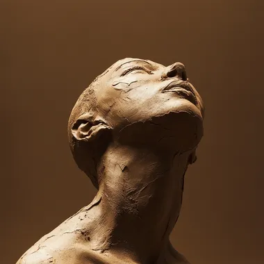 A dramatic scene of a silhouette of a human figure sculpted from fresh brown clay, looking upwards. The figure is detailed and expressive, set against a solid brown background that enhances the mood of contemplation and mystery