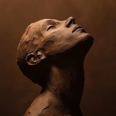 A dramatic scene of a silhouette of a human figure sculpted from fresh brown clay, looking upwards. The figure is detailed and expressive, set against a solid brown background that enhances the mood of contemplation and mystery