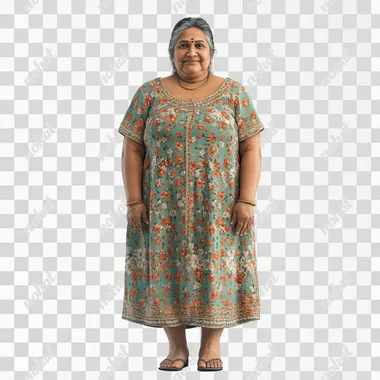 a friendly 55 year old Indian woman, slightly overweight. Full body and shoes. Photo-realistic. White background.