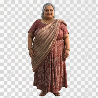 a friendly 55 year old Indian woman, slightly overweight. Full body and shoes. Photo-realistic. White background.