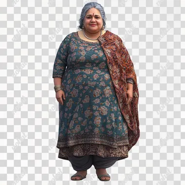 a friendly 55 year old Indian woman, slightly overweight. Full body and shoes. Photo-realistic. White background.
