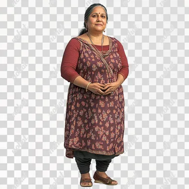 a friendly 55 year old Indian woman, slightly overweight. Full body and shoes. Photo-realistic. White background.