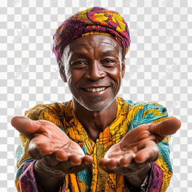 a smiling african 60 Senegalese with hands open making an inviting pose, isolated for white background
