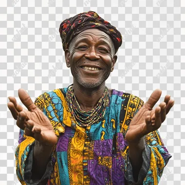 a smiling african 60 Senegalese with hands open making an inviting pose, isolated for white background
