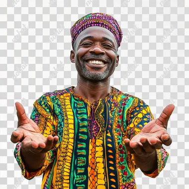 a smiling african 60 Senegalese with hands open making an inviting pose, isolated for white background