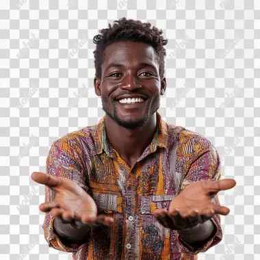 a smiling african 60 Senegalese with hands open making an inviting pose, isolated for white background