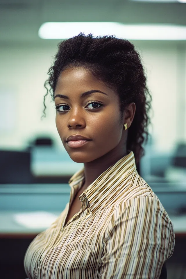 West Indies Female Professional in Striped Shirt Posing in Office
