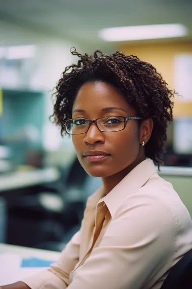 portraint shot of a 40 year old female professional, from the west indies, in an office, shot on kodak 400 gold film