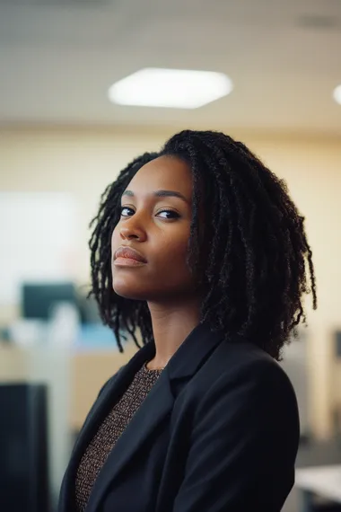 portraint shot of a 40 year old female professional, from the west indies, in an office, shot on kodak 400 gold film