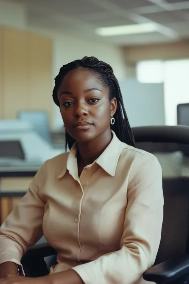 portraint shot of a 40 year old female professional, from the west indies, in an office, shot on kodak 400 gold film