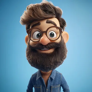 funny cartoon 3d render, disney, pixar style of a hipster with big beard and glasses, smiling at the camera, blue background, funny cartoon in the style of Pixar