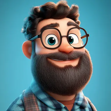 funny cartoon 3d render, disney, pixar style of a hipster with big beard and glasses, smiling at the camera, blue background, funny cartoon in the style of Pixar