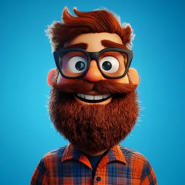 funny cartoon 3d render, disney, pixar style of a hipster with big beard and glasses, smiling at the camera, blue background, funny cartoon in the style of Pixar