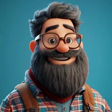 funny cartoon 3d render, disney, pixar style of a hipster with big beard and glasses, smiling at the camera, blue background, funny cartoon in the style of Pixar