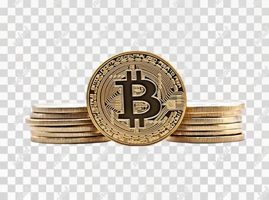 A gold coin with the Bitcoin logo on it, surrounded by stacked coins, isolated against a white background in a PNG format, with empty space around for text.