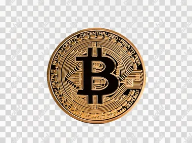 A gold coin with the Bitcoin logo on it, surrounded by stacked coins, isolated against a white background in a PNG format, with empty space around for text.