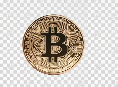 A gold coin with the Bitcoin logo on it, surrounded by stacked coins, isolated against a white background in a PNG format, with empty space around for text.