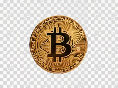 A gold coin with the Bitcoin logo on it, surrounded by stacked coins, isolated against a white background in a PNG format, with empty space around for text.