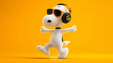 Snoopy wearing sunglasses and headphones, dancing in a 3D animation style character design in the style of Pe_clicked, with a yellow background. Snoopy has white fur and black ears.